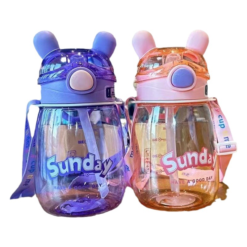 Xinbeidi 2010 taza de agua de plástico para niños correa de paja taza de plástico diversión Orejas de conejo taza de plástico taza de agua para estudiantes