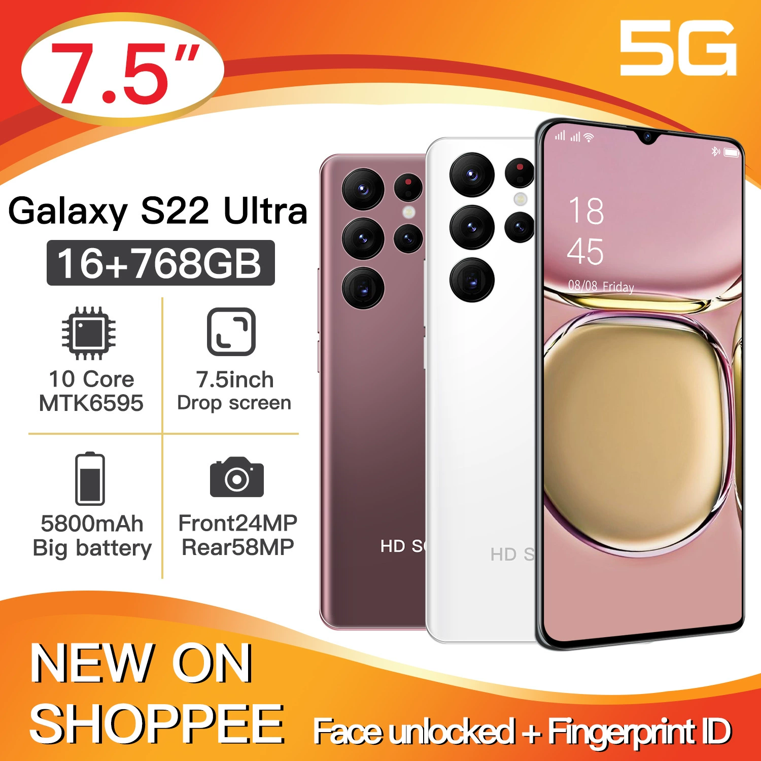 (Граница торговли), S22, смартфон, большой экран, мобильный телефон, Android 1, 8 ГБ, 7,5 дюйма, 4G, оптовая продажа