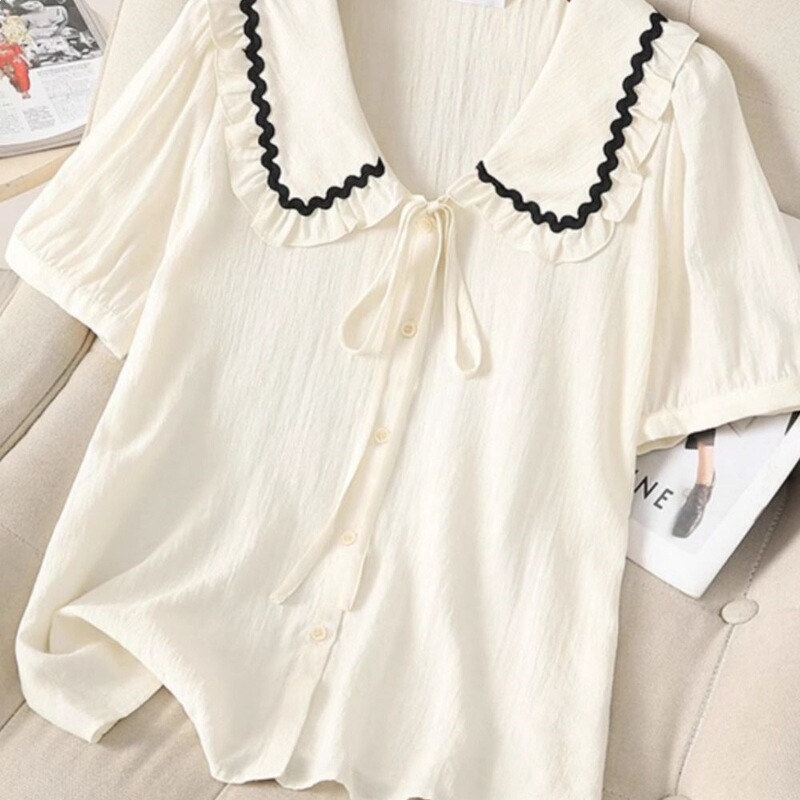 Plus-Size Tie-Neck Doll Collar Shirt, Loose French Style, Super Flattering for Curvy Figures, Chiffon Blouse for Women, Summer 300