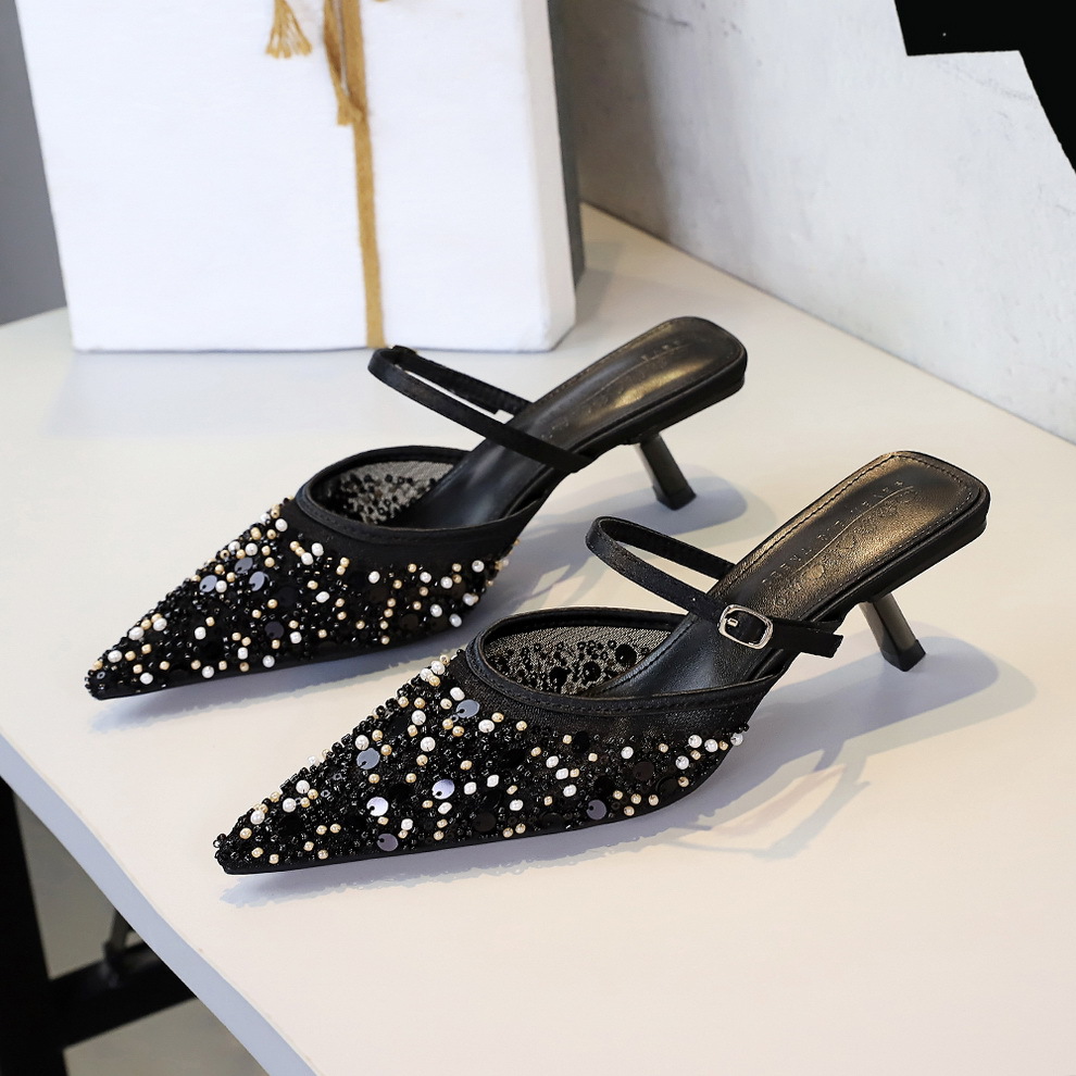Fashionable Mesh Sequin Pointed Toe Women's Slippers Thin Heel_voghion.com
