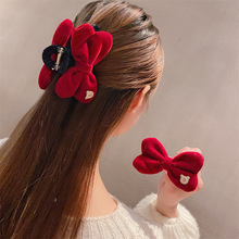 圣诞系红色蝴蝶结抓夹女秋冬毛绒后脑勺盘发套装鲨鱼夹大号发量多