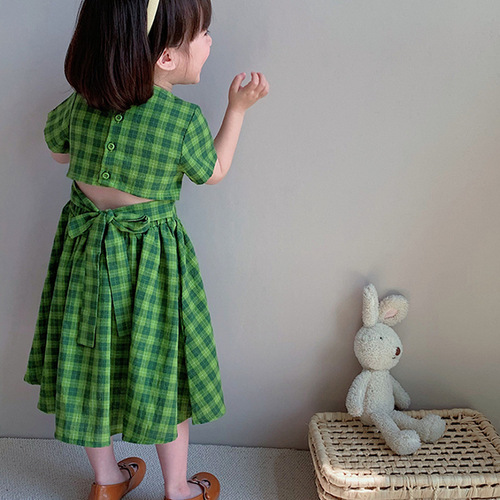 Girls' Plaid Grass-green Midriff-Exposing Dress, Princess Style, 24 Summer Collection—New Arrival, Made-to-Order Kids' Clothing for Export