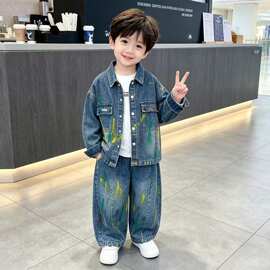 男童秋季牛仔套装2026新款儿童秋装韩版痞帅涂鸦时髦休闲男孩宝宝