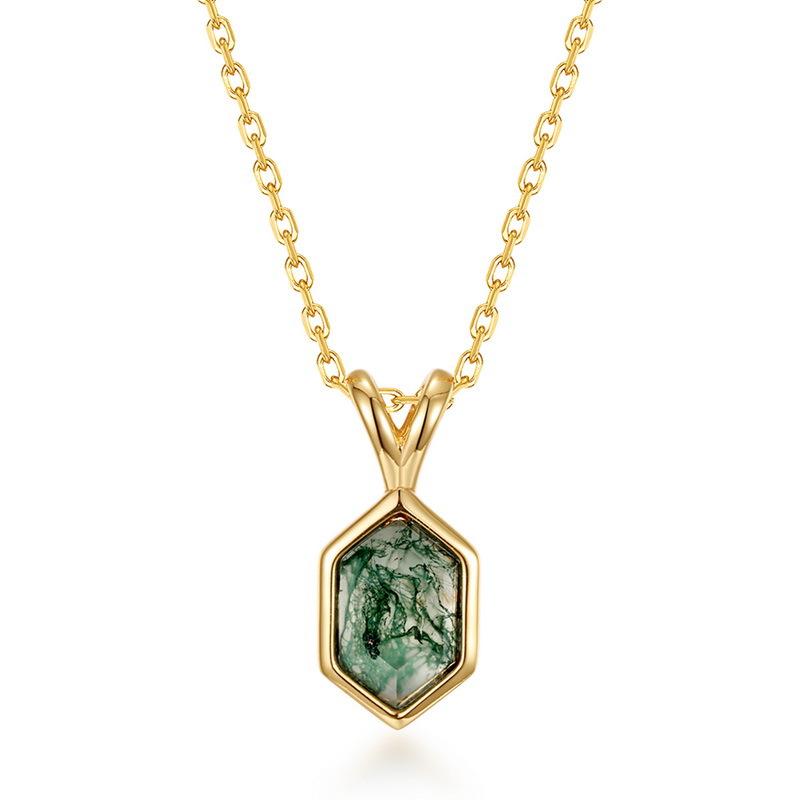 Colgante de ágata de hierba de agua natural geométrica especial transfronterizo para mujer S925 plateado 10K colgante de cadena de clavícula de piedra de musgo verde dorado