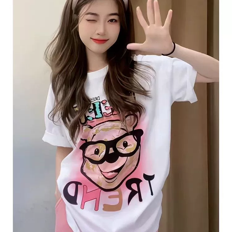 Симпатичная сладкая девушка топ летняя женская толстая mm2024 новый дизайн принт свободная дикая футболка с короткими рукавами
