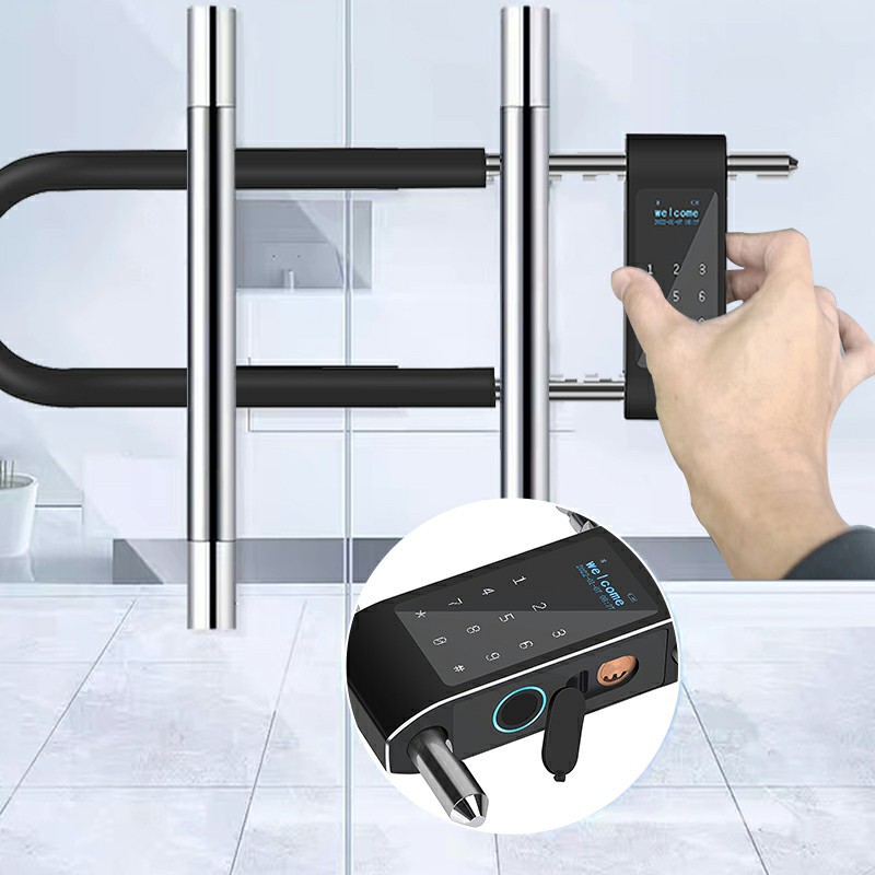 U型指纹锁双开玻璃门密码锁商铺大门插锁公司办公室企业智能锁u