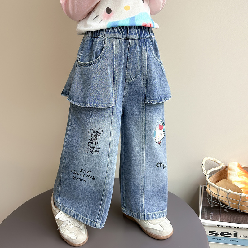 Girls' Cartoon Jeans Spring and Autumn 2026 New Children's Wide-Leg Pants Autumn Outfit Baby Girl Korean Style Straight Pants