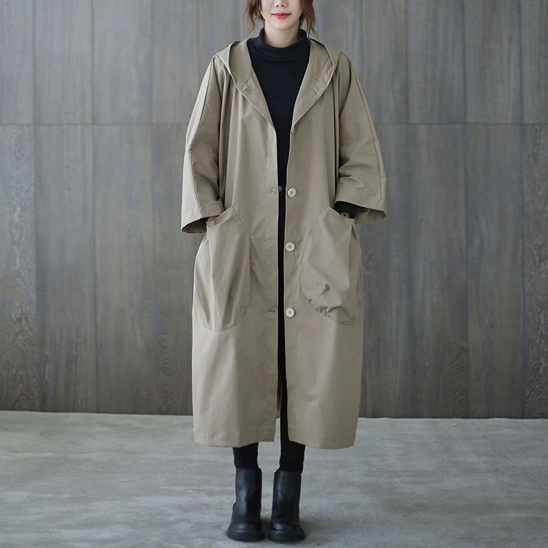 Длинный тренч женский oversize (с капюшоном) — дэмисезонная макси-куртка для отдыха, большой размер