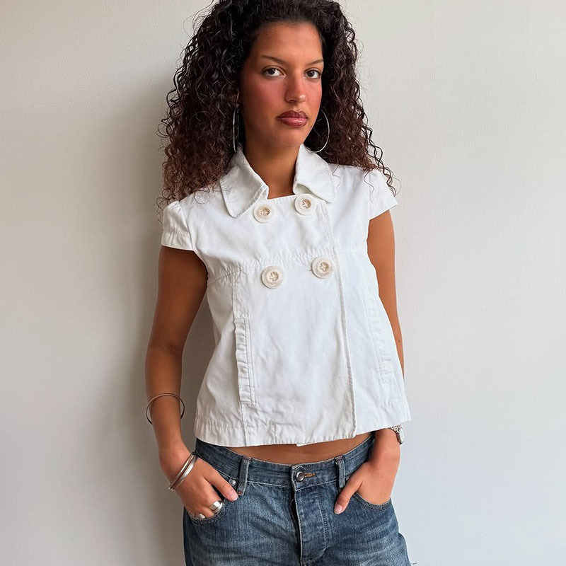 Solid Color Large Button Short-Sleeved Polo Collar T-Shirt with Waist and Wide Hem Personalized American Top Retro Casual Women's Shirt