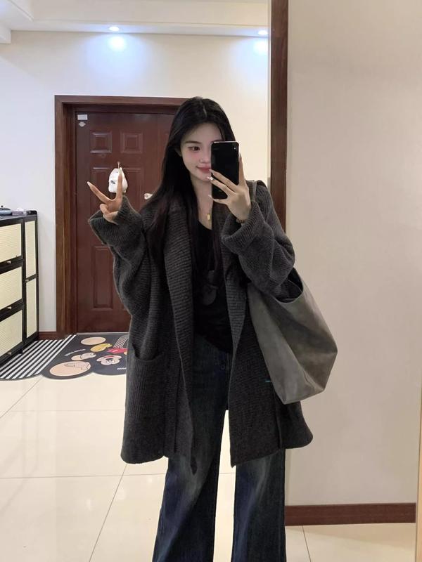 慵懒风宽松休闲针织开衫女秋冬加厚保暖气质百搭中长款毛衣外套|undefined