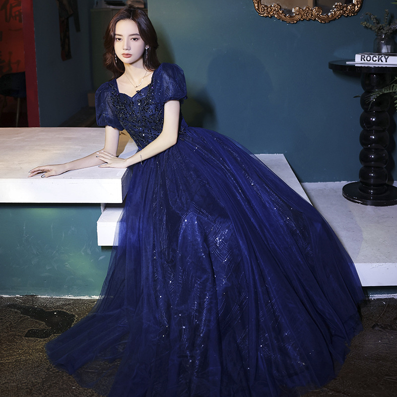 Azul banquete vestido de noche para las mujeres 2024 nueva primavera temperamento anfitrión vocal Música arte examen vestido Reunión Anual vestido