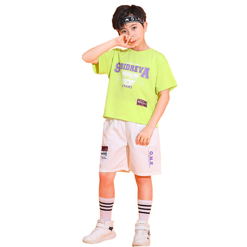 Green jazz dance costumes rapper singers hiphop jazz dance outfits for boys girls street children elementary school students games performance clothes