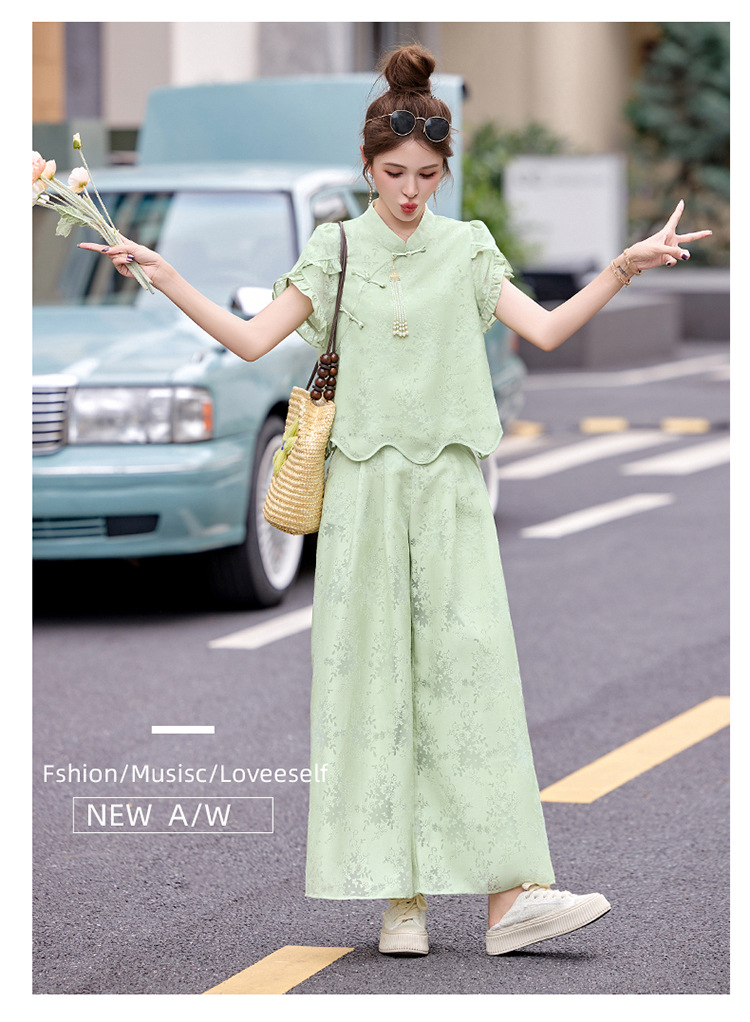 Bộ váy hai mảnh tay ngắn phong cách Trung Hoa cổ điển họa tiết jacquard mùa hè 2025 — Màu vàng be, Màu xanh lá chi tiết 18