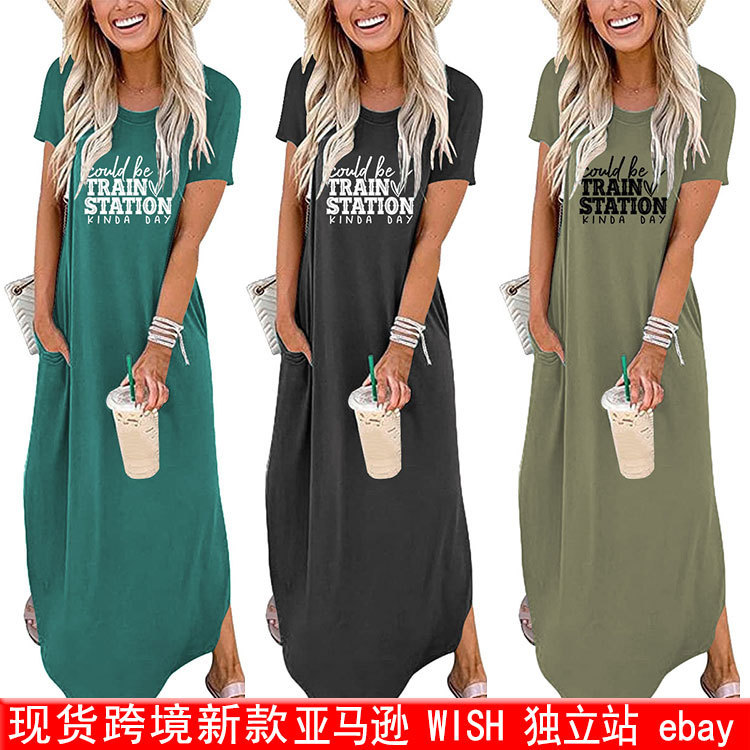 European and American foreign trade in stock summer independent station cold be train loose printed short sleeve knitted dress