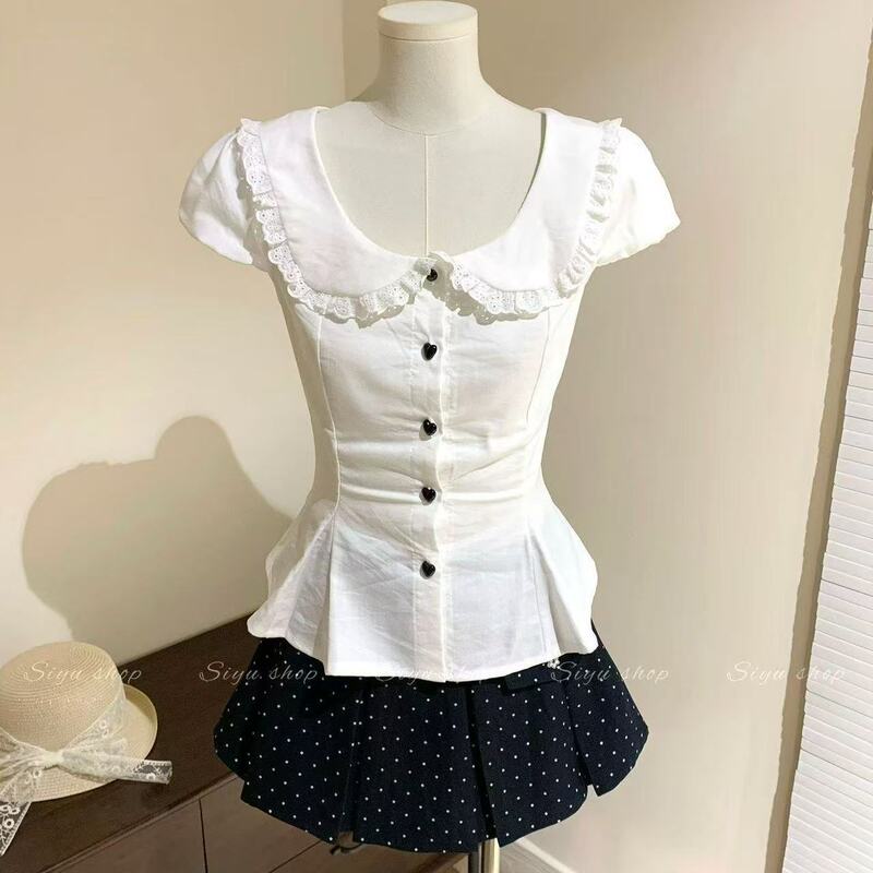 White doll collar short-sleeve shirt for women, slim fit, puff sleeves, student style, Japanese sweet style top, wholesale price White doll collar short-sleeve shirt for women, slim fit, puff sleeves, student style, Japanese sweet style top, wholesale price