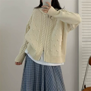 韩系秋冬复古立体毛球麻花翻领拉链厚针织毛衣开衫女慵懒风上衣女