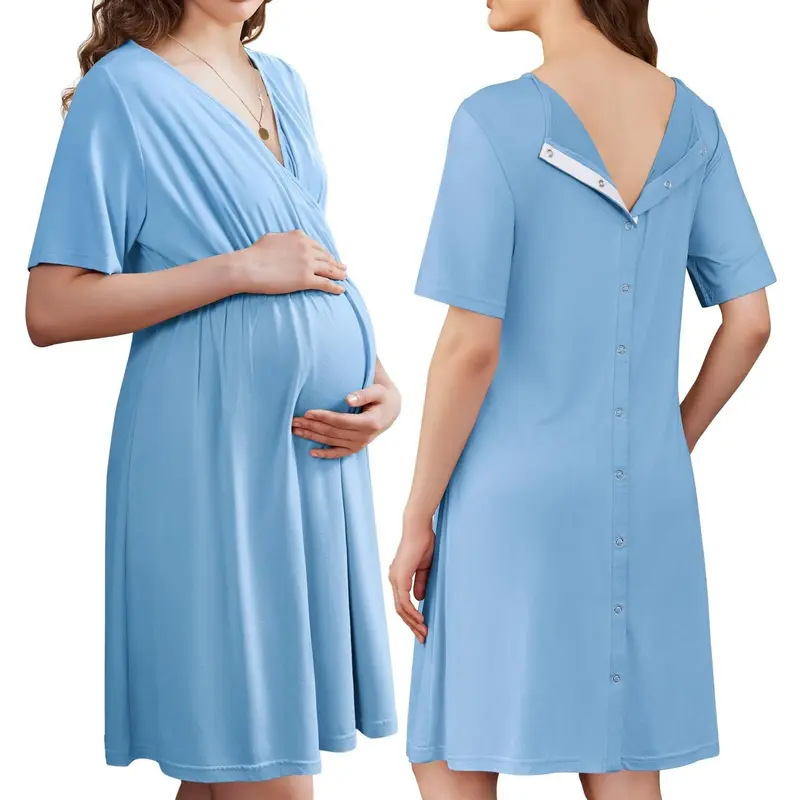 2026 Cross-Border European and American Modal Maternity New Summer V-Neck Solid Color Nursing Short-Sleeve Loose Breathable Dress