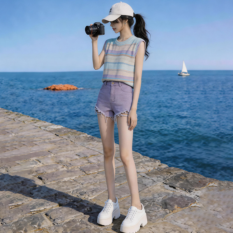 Summer 2026 New Women's Clothing Sweet Rainbow Vest Knitwear Hong Kong Style Fashion Denim Shorts Stylish Set Trendy