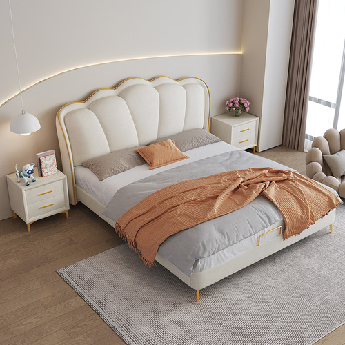 Simple leather bed cream style soft bag cat scratch leather soft bed 1.8m double bed girl bed 1.5 storage bed petal bed