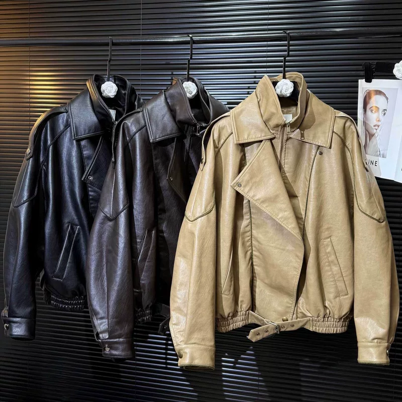Autumn polyurethane retro jacket for leisure, 2025 years, oversize