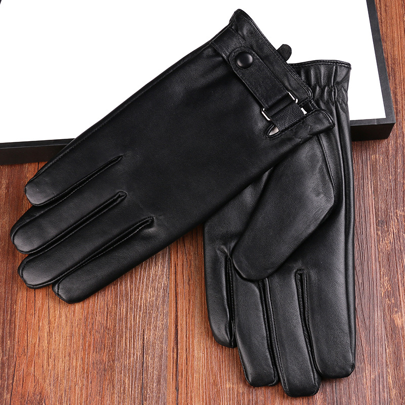 Guantes térmicos de piel de oveja de otoño e invierno guantes de cuero de pantalla táctil de conducción cálida engrosada para hombres simples