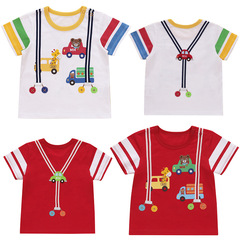 miki children's clothing summer new style cartoon bear car giraffe suspender patch short-sleeved T-shirt for boys and girls