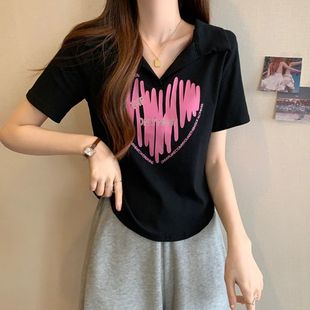 2025 Summer New Arrival chubby girl Fashionable plus size All-Match Meat Covering Slimming Side Half-Open Neck Love Printed T-Shirt Trendy