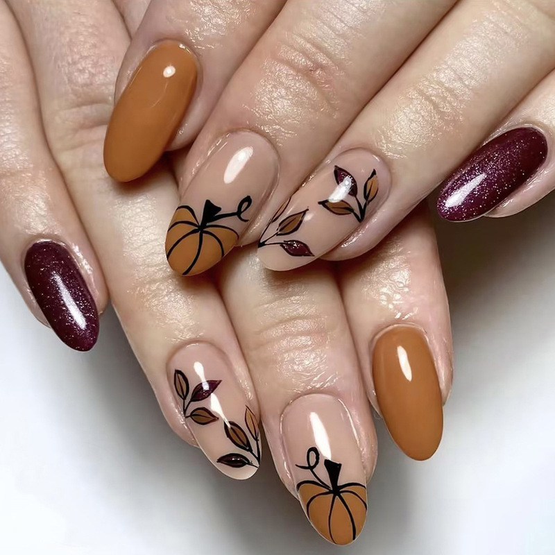 Halloween Almond-Shaped Maple Leaf Pumpkin Simple Shiny Nail Art Set, 24 Pieces Removable Fake Nails