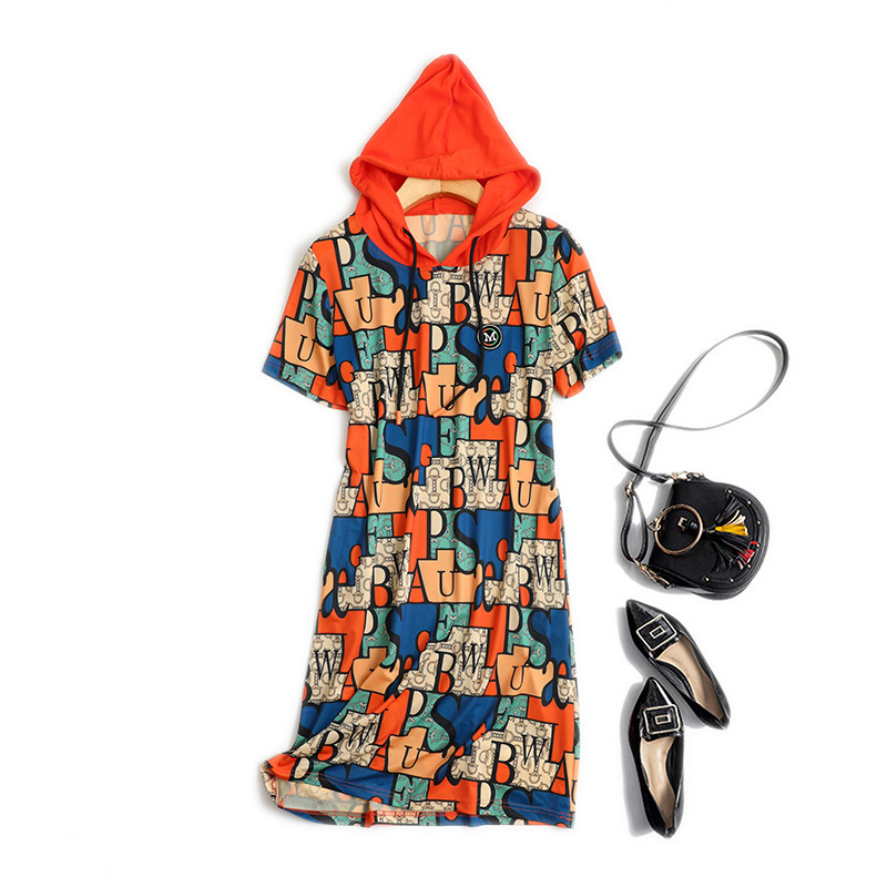 Wholesale summer hooded drawstring short sleeve color insert figure slim British age-reducing stitching meat-covered large size dress