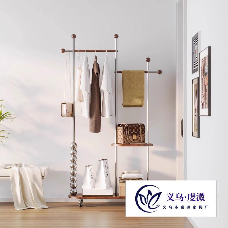 Solid Wood Clothes Hanger, Second-Hand Floor-Standing Mobile Coat Rack, Home Bedroom Stainless Steel Storage Clothes Hanger, Clothes Storage Artifact
