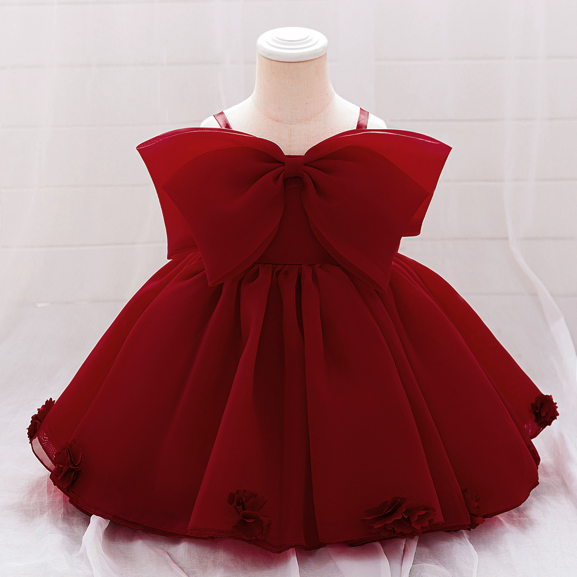 Новое европейское и американское платье для девочки-младенца (1 год), на бретелях, с бантом, из сетки, платье принцессы, крестильное платье