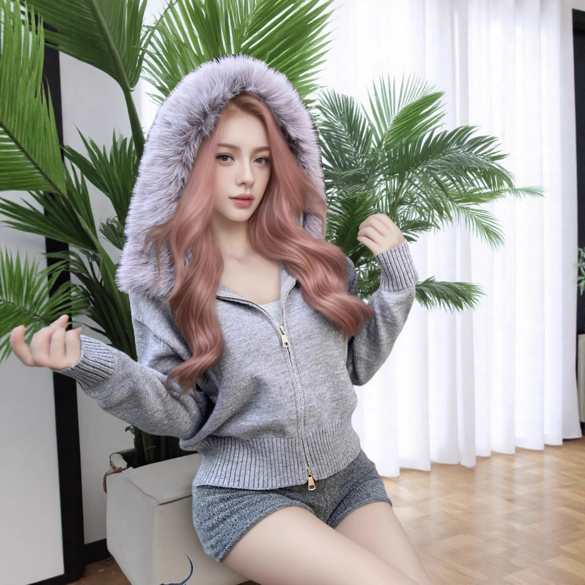 跨境2025新款纯欲风连帽拉链设计感毛衣修身减龄淑女上衣工厂直销