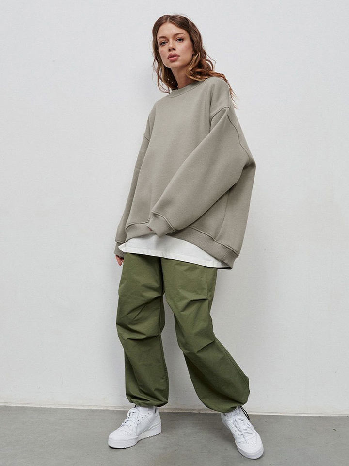Áo sweatshirt nữ cổ tròn dáng rộng oversize tay dài chất liệu nỉ lông — Hoa màu xám, Màu cà phê, Màu trắng, Xanh navy chi tiết 35