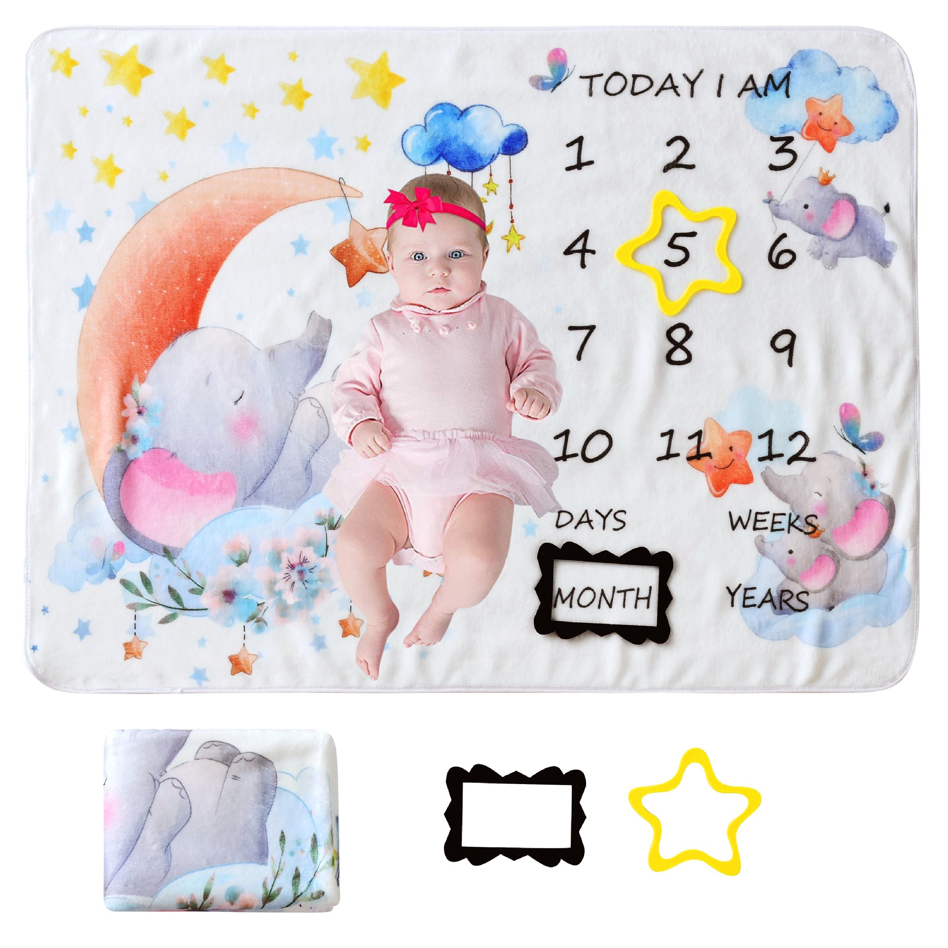 Elephant Print Milestone Photo Blanket Baby Growth Anniversary Photo Prop Double Sided Flannel Photo Blanket Cover Blanket