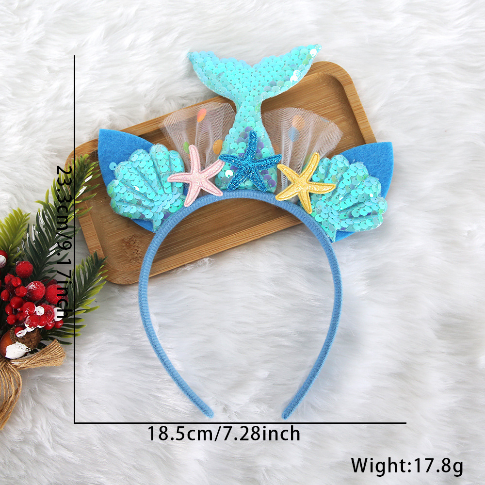 Círculos animados sirena cabello de niños sequilla cola de pez princesa toque de cabeza decoración de fiesta mar estrellas de mar conchas de cabeza de aro