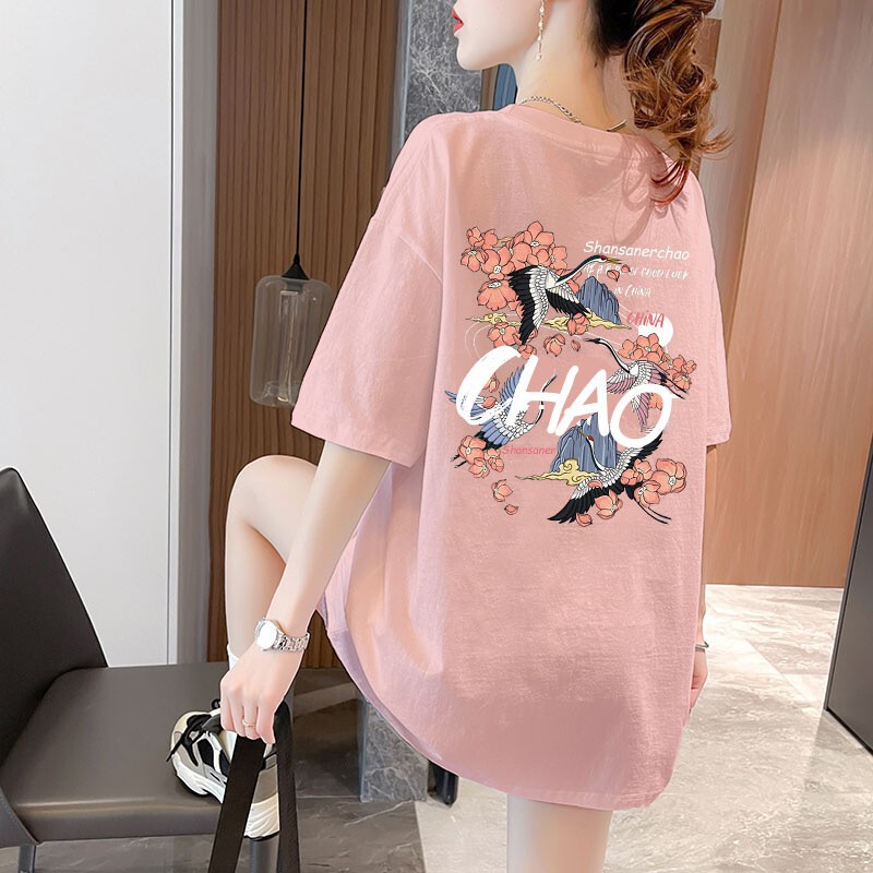 Heavyweight Pure Cotton Short-Sleeve T-Shirt for Women, Korean Style, Loose Fit, Printed Round Neck Top, Fashionable Half-Sleeve Casual Wear