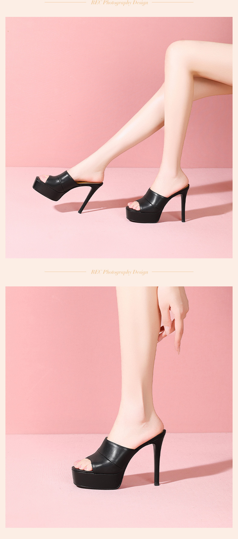 Dép sandal cao gót nữ mũi tròn đế xuồng platform da bò thật — đen chi tiết 6