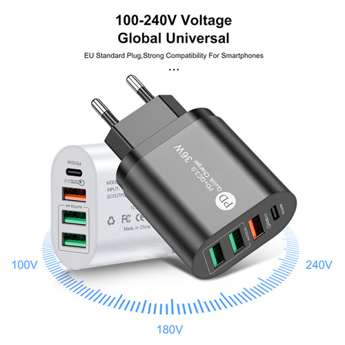 PD36W fast charging mobile phone charger 5V4A European, American and British type-c+3USB multi-port adapter charging head