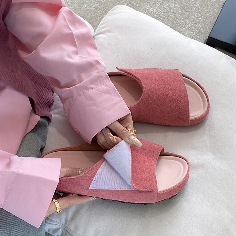 2026 Summer New Style Thick-Soled Candy-Colored Velcro Lazy Slippers Genuine Leather Round-Toe Slippers