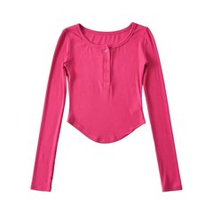 Spicy Girl Half-Button Round-Neck Curved-Edge Long-Sleeve T-Shirt for Women – Solid Color, Stretchy, Slim-Fit, Figure-Slimming Base Top