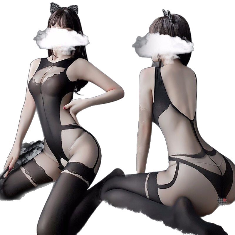 Nighttime Lingerie Set: Sexy and Alluring One-Piece Fishnet Outfit with Open Crotch, Black Silk Uniform Set