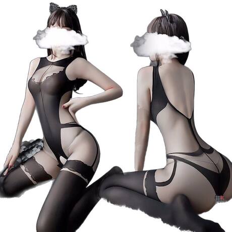 Nighttime Lingerie Set: Sexy and Alluring One-Piece Fishnet Outfit with Open Crotch, Black Silk Uniform Set