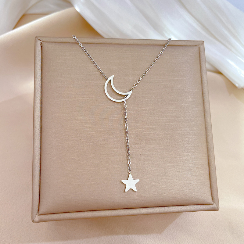 Collier pendentif géométrique étoile lune en acier titane_voghion.com