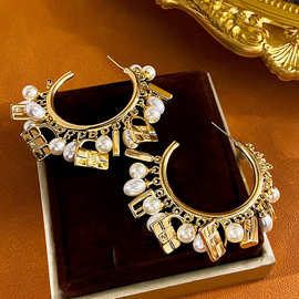 欧美复古珍珠包包吊坠耳环夸张大气圈圈耳钉小众设计高级感耳饰