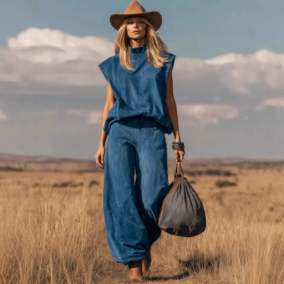 2026欧美亚马逊独立站跨境时尚新款西部风无袖阔腿收脚麂皮绒套装