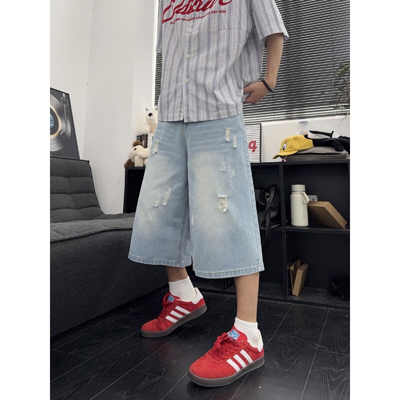 American Retro Black Ripped Denim Cropped Pants for Men, Summer Thin High Street Vibe Straight Wide-Leg Cropped Pants