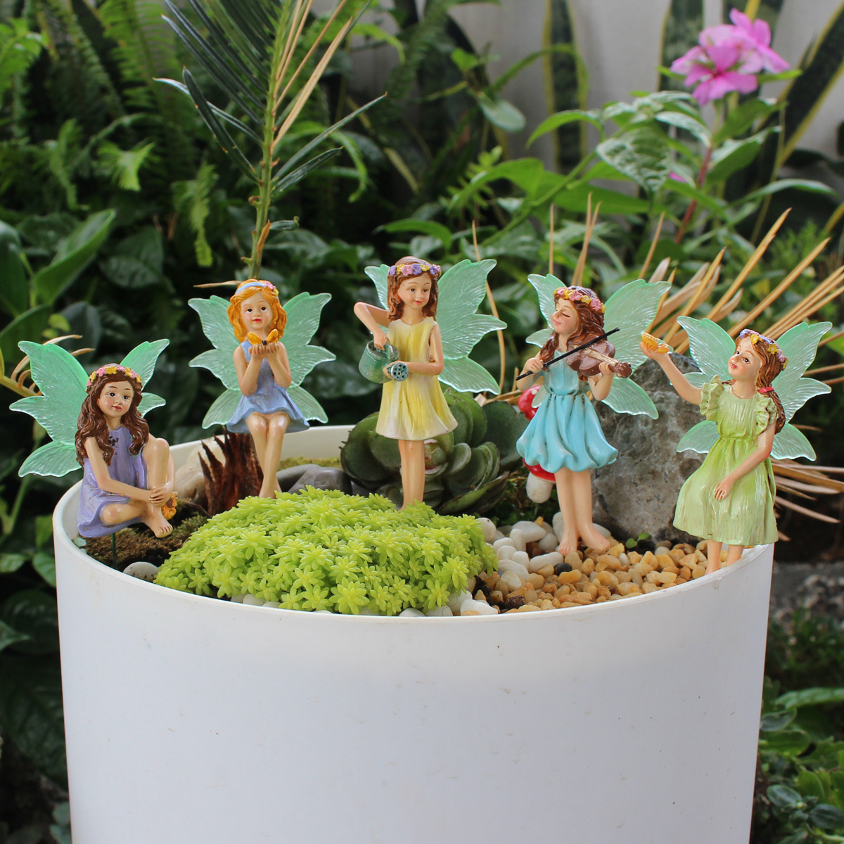  Luminous Flower Fairy Set of Five Plug-in Ornaments Resin Elf Fairy Micro Landscape Garden Statue Potted Plant Decoration