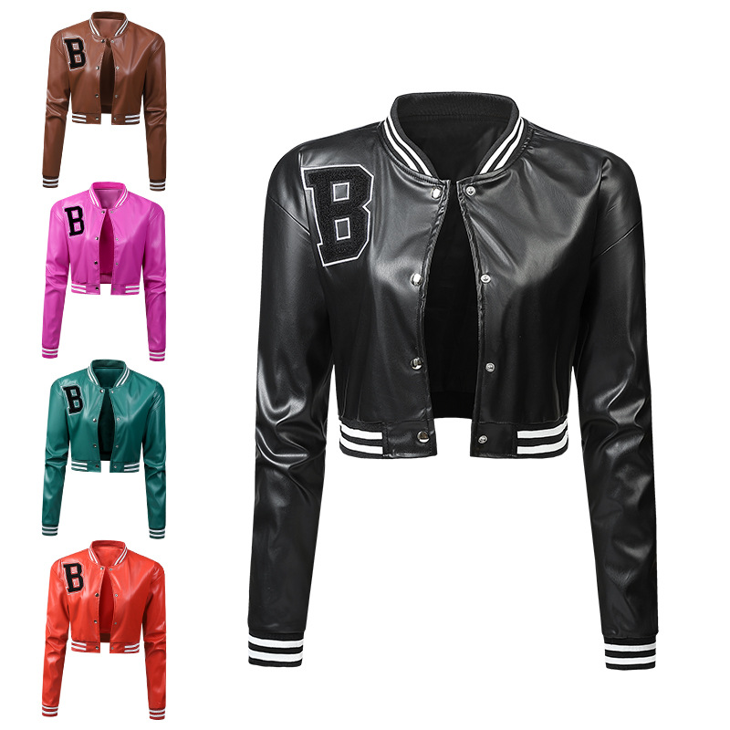 Cross-border European Size Women's Leather Clothing Women's Slim-fit Jacket Thin Spring and Autumn Coat Women's Bike Clothing Baseball High Waist Leather Jacket