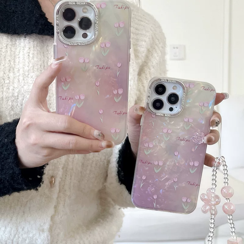 Розовый тюльпан подходит для Huawei Mate60pro/P40/P50 браслет iPhone13 чехол для мобильного телефона 12
