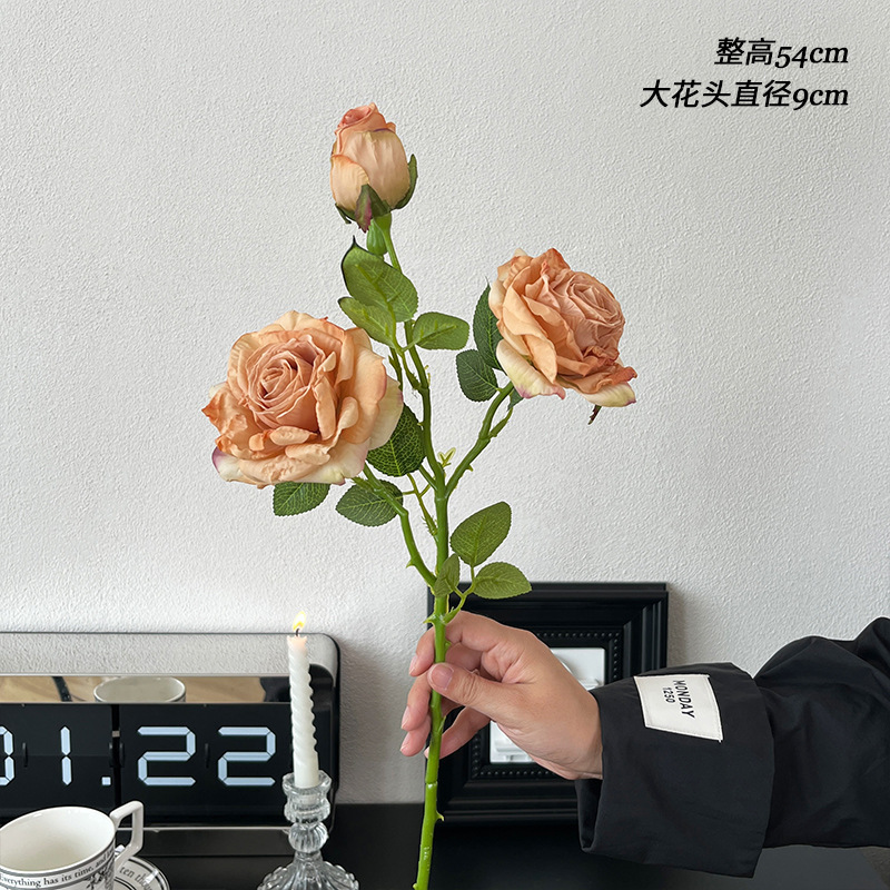 2花1蕊干枯烤边玫瑰花复古秋色仿真花假花装饰花摆件DIY花材外贸|undefined